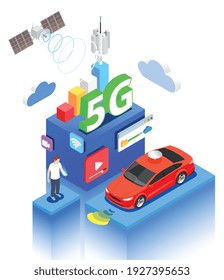 5g composición isométrica de Internet de alta velocidad con plataformas iconos y caracteres humanos con ilustración de vector auto-conducido