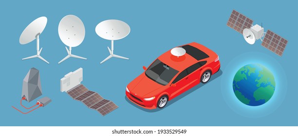 5g high speed internet isometric set with isolated icons of satellite dishes and remotely controlled car vector illustration