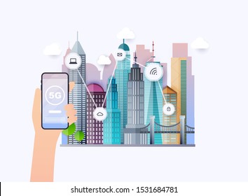 5G High speed internet network communication. Mobile smartphone with 5G icons. City on a background.