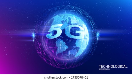 5G High Speed ​​Broadband Internet. Wi-fi Worldwide global information network. Planet Earth. The future of digital communications. Modern innovative technologies. Vector. Dark blue background.