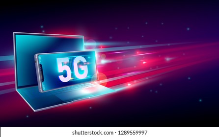 5G High Speed Network Communication Internet On Flying Realistic 3d Laptop And Smartphone With Light Red And Dark Blue Background. Vector