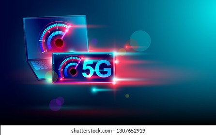 5G high speed network communication internet on flying  isometric laptop and smartphone with speed meter and dark blue background. Vector