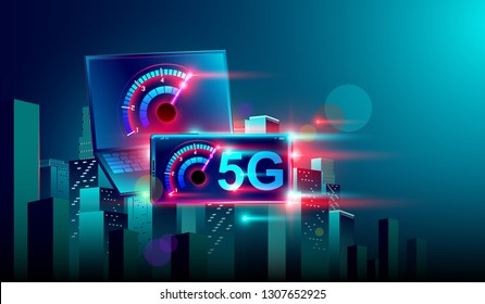 5G high speed network communication internet on flying realistic 3d isometric laptop and smartphone cross night smart city. Vector