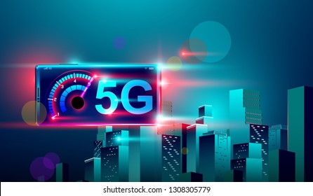 5G high speed network communication internet on flying realistic 3d isometric  smartphone cross night smart city. 