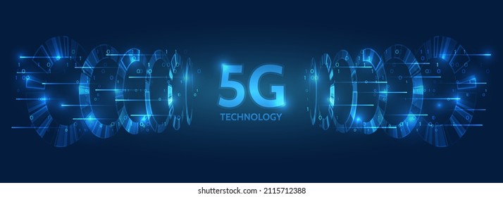 Tecnología de transmisión de información de alta velocidad 5G. El concepto de estándar inalámbrico global. Ilustración de comunicación de alta tecnología sobre fondo azul. 