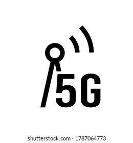 5G icon. Linear symbol of high speed internet. Black simple illustration of tower with signal and sign 5g. Wireless technology. Silhouette isolated vector emblem, white background