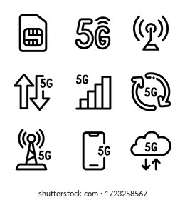 Conjunto de iconos 5G. Red móvil de quinta generación, pictograma de trazo modificable vectorial, tecnología para conexión inalámbrica de alta velocidad, símbolos de contorno modernos, aislados en fondo blanco. 