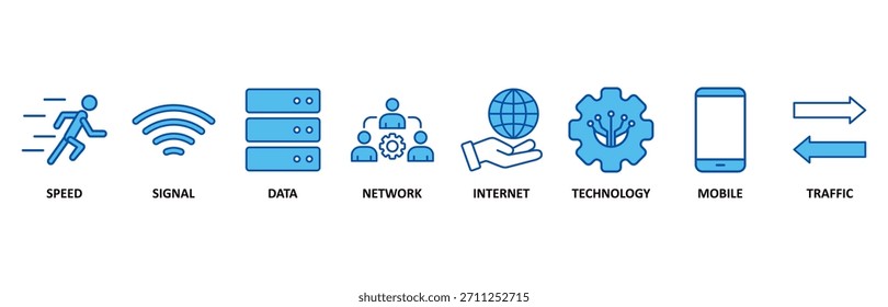 Conjunto de iconos 5G en Ilustración vectorial de estilo azul para velocidad, señal, datos, red, Internet, tecnología, móvil y tráfico