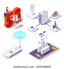 5g icon set, flat vector isometric illustration. People consumers of wireless high speed internet. Broadband service provider. 5g wireless technology.