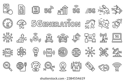 5G icon set in line design. 5G, Internet, Speed, Connection, Network, Wireless, Technology vector illustrations. Editable stroke icons.