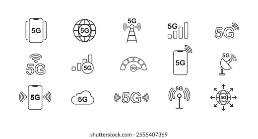 5G icon set. 5g network, signals, towers, bandwidth and connectivity isolated on white background