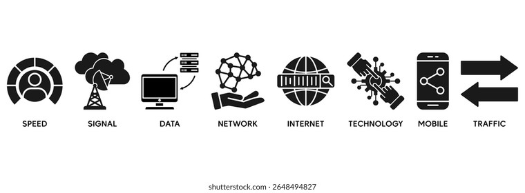 El concepto de Ilustración vectorial del conjunto de iconos 5G se relaciona con la velocidad, la señal, los datos, la red, Internet, la tecnología, el móvil y el tráfico
