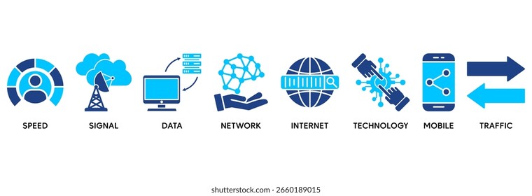 5G Icon Set Vektorgrafik Konzept beziehen sich auf Geschwindigkeit, Signal, Daten, Netzwerk, Internet, Technologie, Mobil und Verkehr
