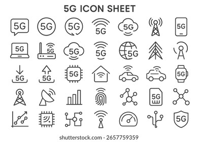 Ícones vetoriais da folha de ícone 5G para a tecnologia móvel rápida de redes sem fio da próxima geração