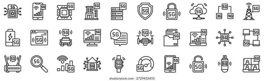 colección de iconos 5G. Ilustración vectorial. Tarjeta Sim, Smartphone, Chipset, Edificio, Servidor, Protección, Desbloquear 5G, Nube, 5G, Antena, Batería 5G. Vector Pro