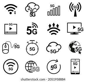 5G icons set. 5th Generation Wireless Internet Network Connection Information Technology Illustration. Mobile devices telecommunication business web networking. vector isolated on white background