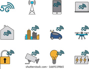 5G icons for smart home, autonomous vehicles, smart cities.  New  5th generation mobile network, high-speed connection to wireless systems. Set of vector color line icons.