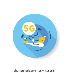 5g Industrie-Flachsymbol. Internetverbindungszeichen der fünften Generation. Automatische Maschinen und Roboterunterstützungstechnik. Wireless Satelliten Web Konzept. Farbvektorgrafik mit Schatten 