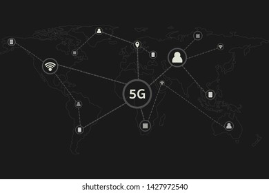 5G infographic icon and world map, connecting people with online communication.