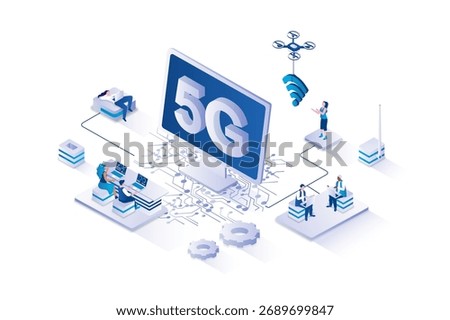 5G internet 3d isometric concept with isometry people design for web. Users with laptops using high speed wifi signal hotspot in free access zone and global network technology. Vector illustration.