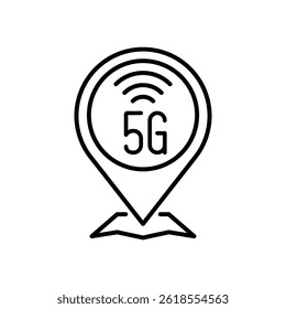 5G internet access point line icon. 5G location pin for web, app, and mobile design. Vector illustration isolated on white background.