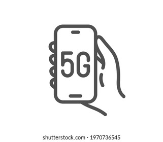 5g internet app line icon. Hand hold phone sign. Cellphone with screen notification symbol. Quality design element. Linear style 5g internet icon. Editable stroke. Vector