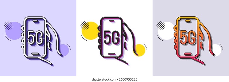 5g internet app line icon. Halftone dotted pattern. Gradient icon with grain shadow. Hand hold phone sign. Cellphone with screen notification symbol. Line 5g internet icon. Various designs. Vector