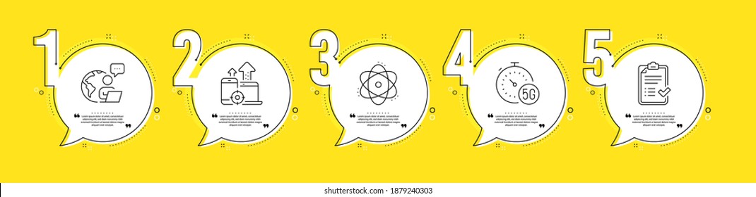 Icons für 5g Internet-, Atom- und Seo-Geräte. Informationen zum Zeitablauf. Genehmigte Checkliste Zeichen. Schnelle Übertragung, Elektronen, Mobile Statistiken. Akzeptierte Nachricht. Business Set. Vektorgrafik