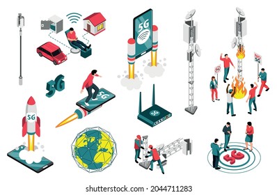 5g Internet color set with speed symbols isometric isolated vector illustration