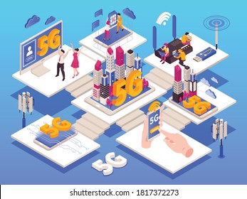 5g internet composition with set of isometric platforms with images of antenna router and user devices vector illustration