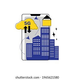 5g internet concept with flat date transmission and mail icons smartphone and city vector illustration