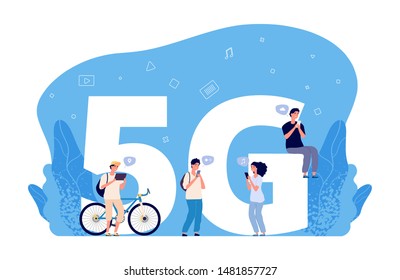 5G internet concept. Flat people characters, online conversations, internet friends searching. 5G network wireless technology for communication with mobile phone