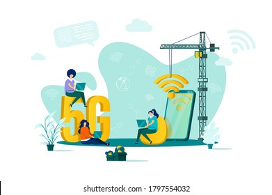 5g Internet concept in flat style. Young people working on laptop scene. Mobile telecommunication system, 5G generation technology standard web banner. Vector illustration with people characters.