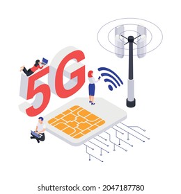 5g internet concept with sim card wifi signal antenna and human characters isometric 3d vector illustration