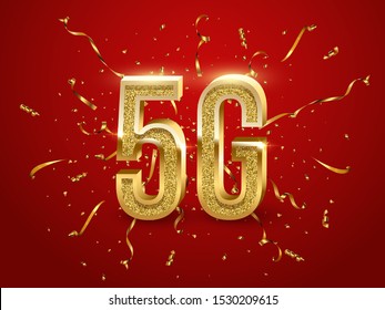 5G Internet connection 3D illustration. Sparkling and glittering signs with golden serpentine on red background. Golden shiny mobile telecommunication symbols. Wireless technology design element