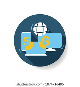 5g internet connection flat icon. Mobile devices, tablets, pc connect to global web. Fifth generation, computer network and digital technology concept. Color vector illustration with shadow 
