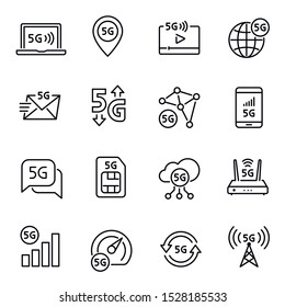 5G Internet connection linear vector icons set. High speed network and data transmission outline symbols. Wifi hotspot, wireless smartphone network technology contour drawings collection
