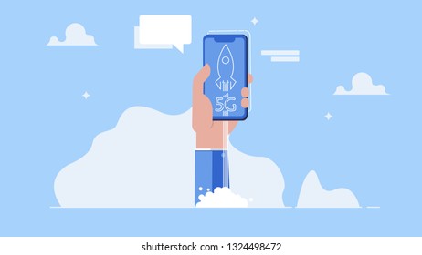5G Internet connection on rocket. Mobile phone in hand. Network system in clouds
