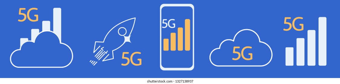 5G Internet connection on rocket. Mobile phone in hand. Network system in clouds