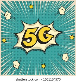 5G Internet connection retro illustration. Yellow signs on blue pop art background. Mobile telecommunication symbols inside speech bubble isolated clipart. Wireless technology design element