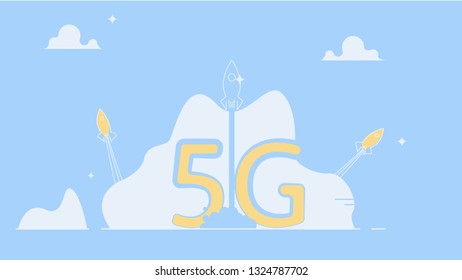 5G Internet connection with rocket. Mobile phone in hand. Network system in clouds