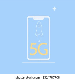 5G Internet connection with rocket. Mobile phone in hand. Network system in clouds
