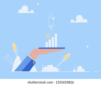 5G Internet connection with rocket. Mobile phone in hand. Network system in clouds