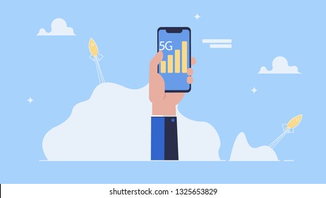 5G Internet connection with rocket. Mobile phone in hand. Network system in clouds