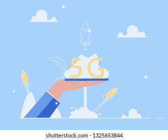 5G Internet connection with rocket. Mobile phone in hand. Network system in clouds