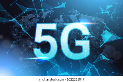 5g Internet Connection Speed Sign Over Futuristic Low Poly Mesh Wireframe On Blue Background Vector Illustration
