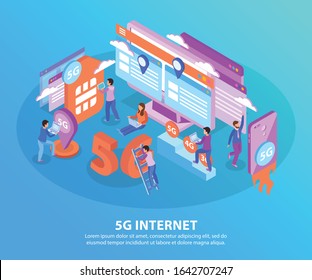 5g internet and electronic gadgets isometric elements on blue background 3d vector illustration