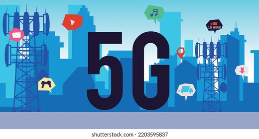 5g Internet globale Verbindung und Verbindung Hintergrund oder Banner mit Hochgeschwindigkeits-Netzwerk-Ausrüstung, flache Vektorgrafik. globales 5G-Computernetz.