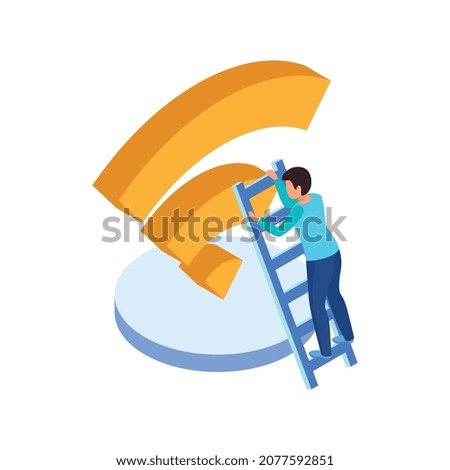 5g internet isometric composition with character of man on ladder touching big wireless wifi sign vector illustration