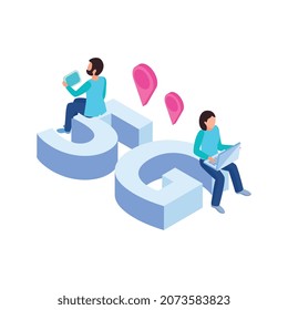 Composición isométrica de Internet de 5g con imagen de texto 3d y personas sentadas con laptops y carteles de localización ilustración vectorial